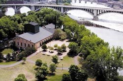 [image: Arial view of the Nicollet Island Pavillion's west side.]